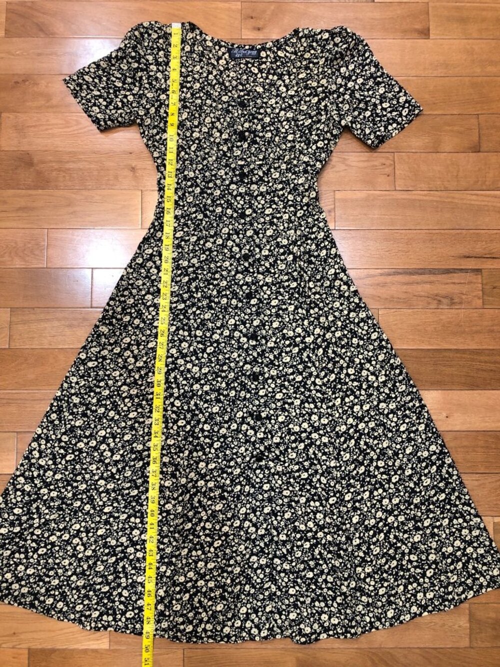 VTG All That Jazz Black & Tan Floral Chiffon A-Line Midi Dress 90s Cottagecore S - Picture 9 of 10
